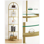 VASAGLE Fém tároló sarok polc üvegpolcokkal fürdőszobába, konyhába, arany 28x28x158cm – 5. kép