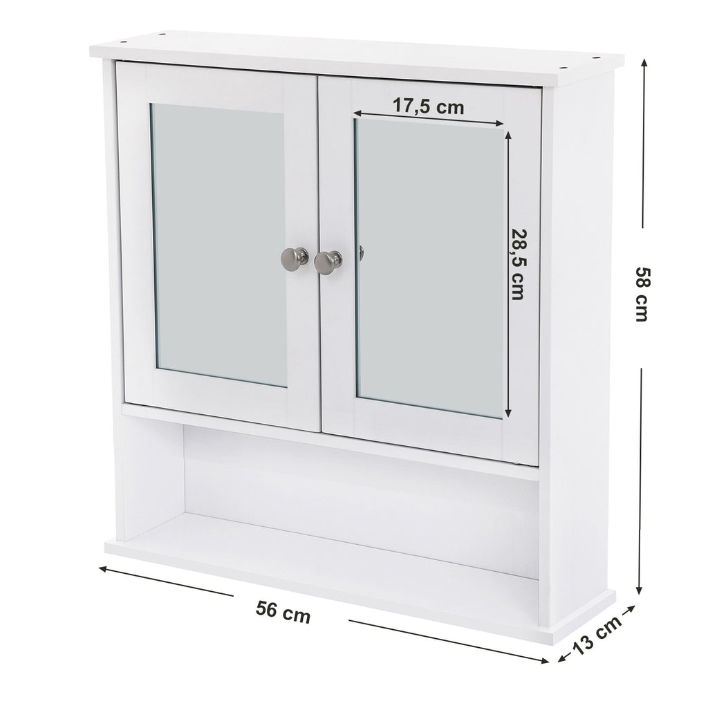VASAGLE Fali tükrös fürdőszoba szekrény, fehér 56x13x58cm – 3. kép