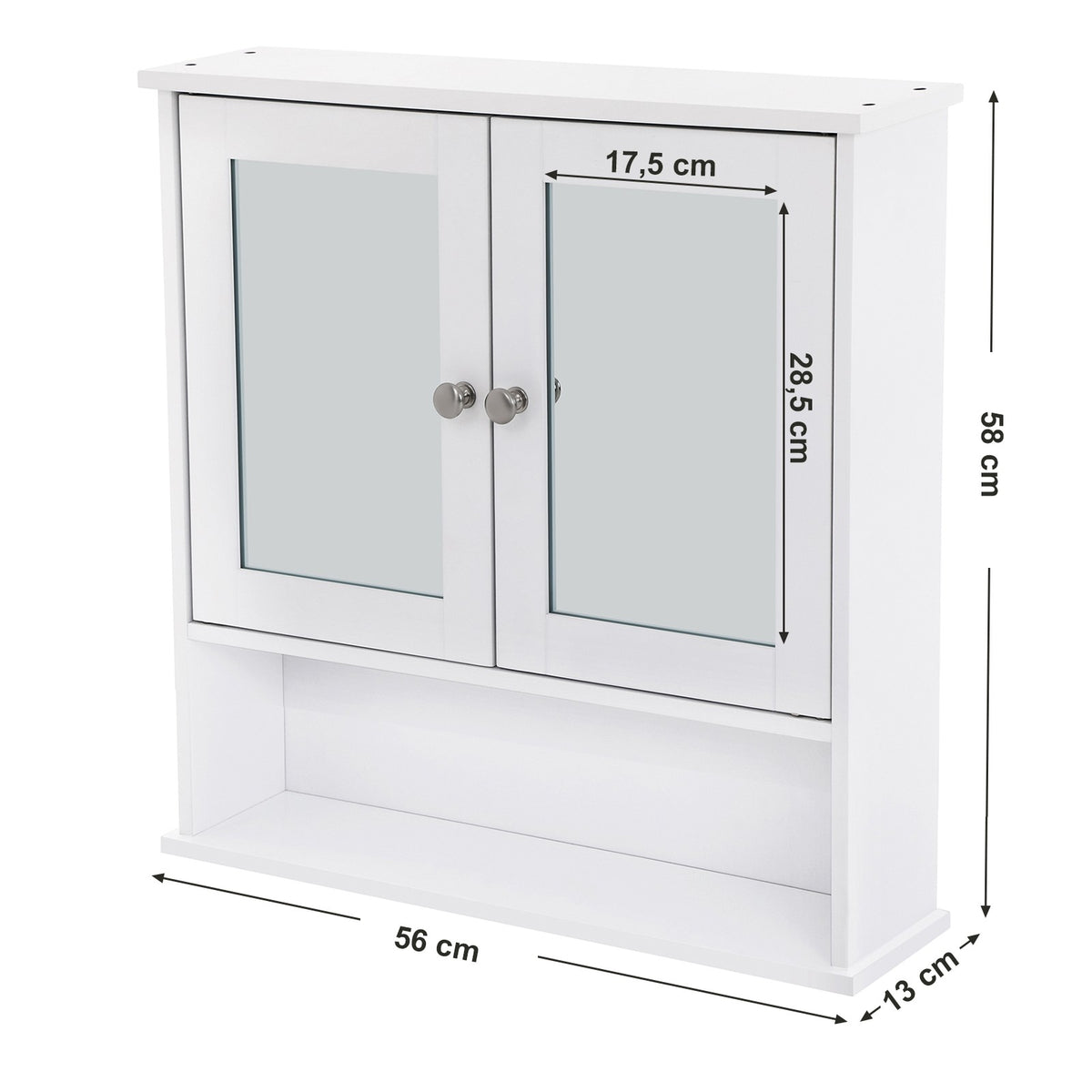 VASAGLE Fali tükrös fürdőszoba szekrény, fehér 56x13x58cm – 3. kép