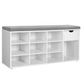 VASAGLE Cipőtároló pad, fiókkal és nyitott rekeszekkel, párnázott ülőfelülettel, fehér és szürke 104x30x48cm – 1. kép
