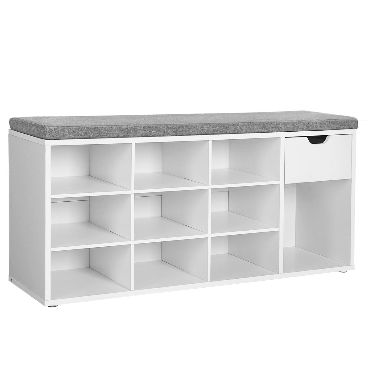 VASAGLE Cipőtároló pad, fiókkal és nyitott rekeszekkel, párnázott ülőfelülettel, fehér és szürke 104x30x48cm – 1. kép