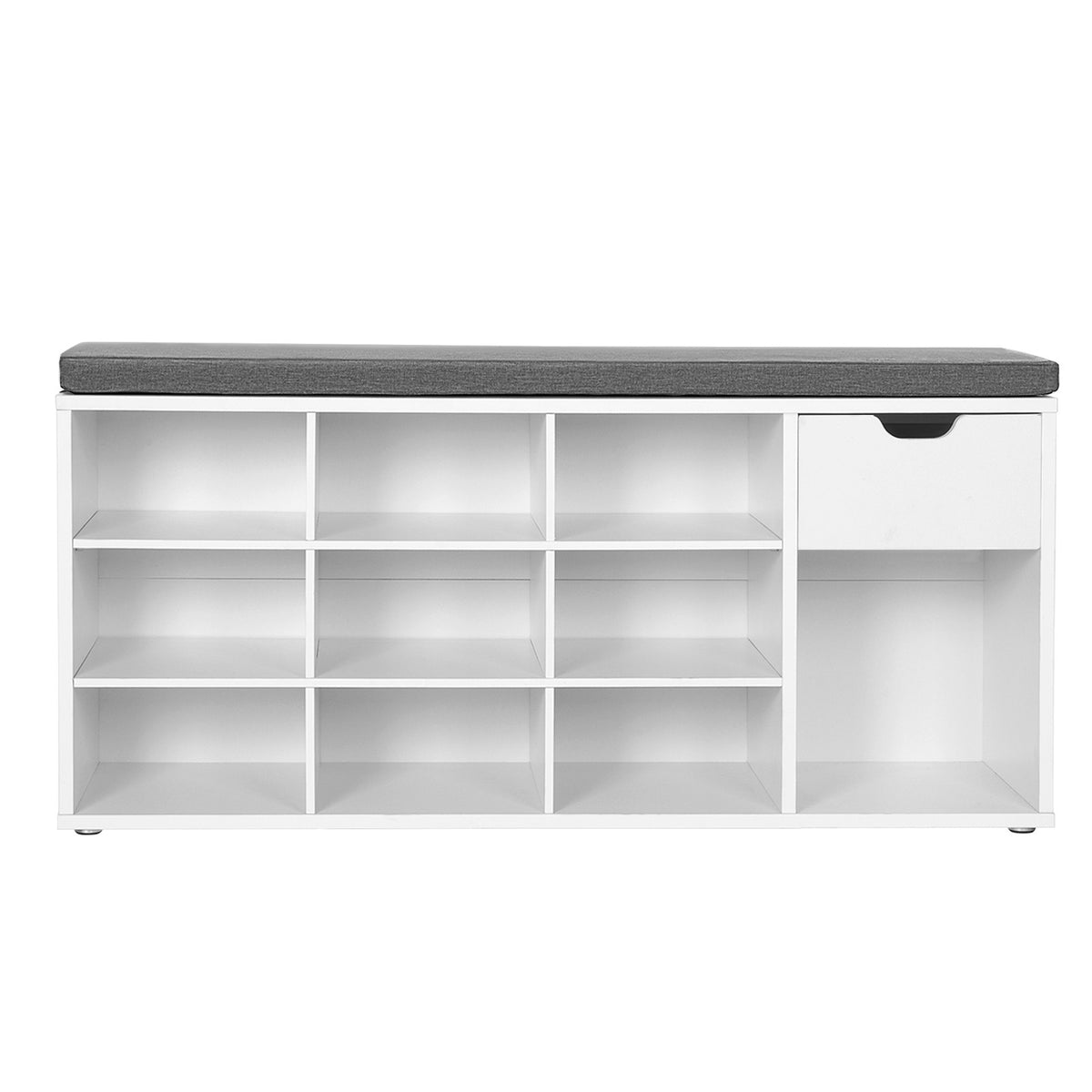 VASAGLE Cipőtároló pad, fiókkal és nyitott rekeszekkel, párnázott ülőfelülettel, fehér és szürke 104x30x48cm – 10. kép