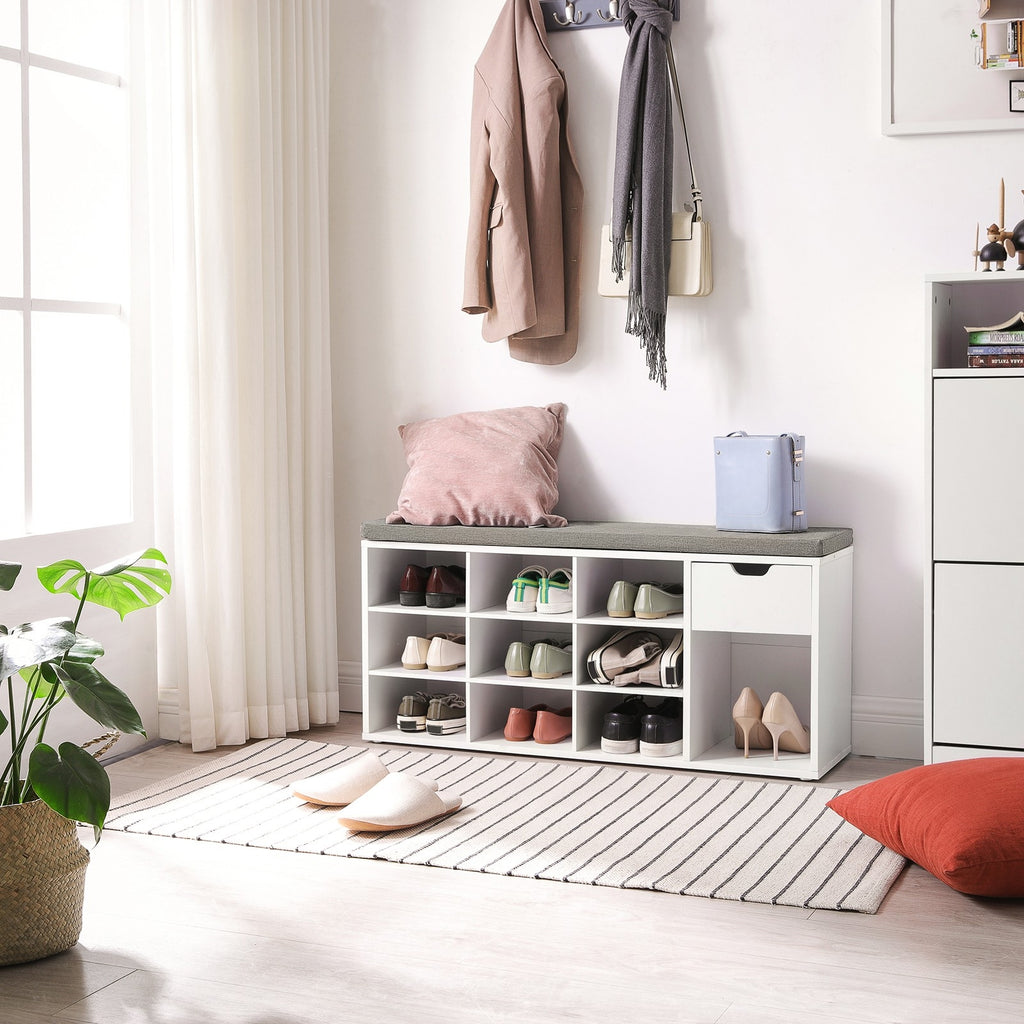 VASAGLE Cipőtároló pad, fiókkal és nyitott rekeszekkel, párnázott ülőfelülettel, fehér és szürke 104x30x48cm – 2. kép