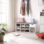 VASAGLE Cipőtároló pad, fiókkal és nyitott rekeszekkel, párnázott ülőfelülettel, fehér és szürke 104x30x48cm – 2. kép