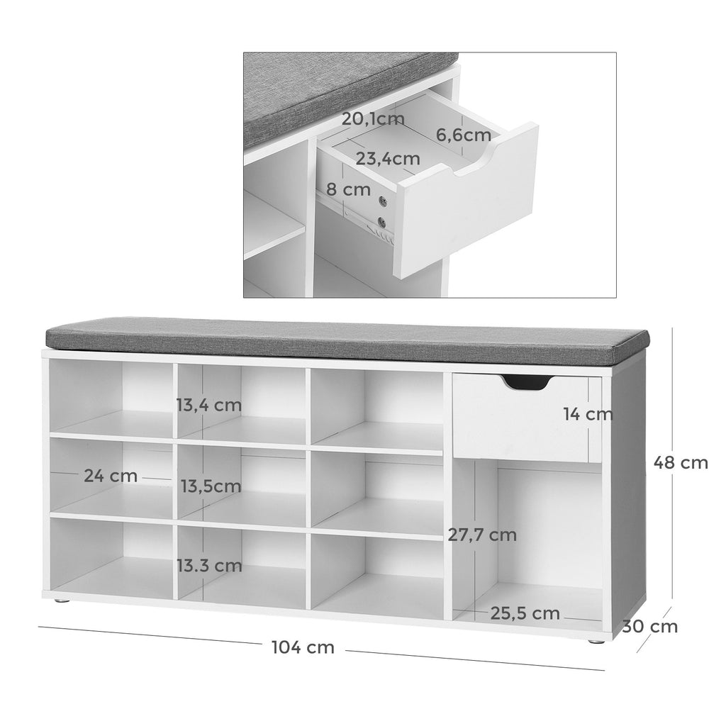 VASAGLE Cipőtároló pad, fiókkal és nyitott rekeszekkel, párnázott ülőfelülettel, fehér és szürke 104x30x48cm – 3. kép