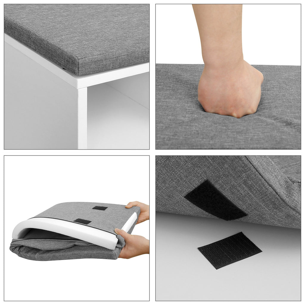 VASAGLE Cipőtároló pad, fiókkal és nyitott rekeszekkel, párnázott ülőfelülettel, fehér és szürke 104x30x48cm – 5. kép
