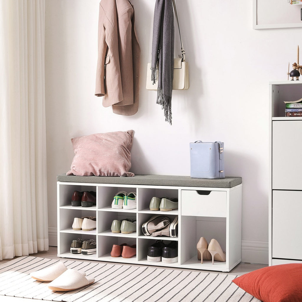VASAGLE Cipőtároló pad, fiókkal és nyitott rekeszekkel, párnázott ülőfelülettel, fehér és szürke 104x30x48cm – 7. kép