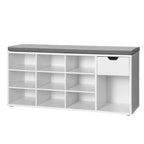 VASAGLE Cipőtároló pad, fiókkal és nyitott rekeszekkel, párnázott ülőfelülettel, fehér és szürke 104x30x48cm – 8. kép