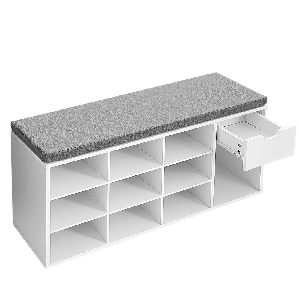 VASAGLE Cipőtároló pad, fiókkal és nyitott rekeszekkel, párnázott ülőfelülettel, fehér és szürke 104x30x48cm – 9. kép