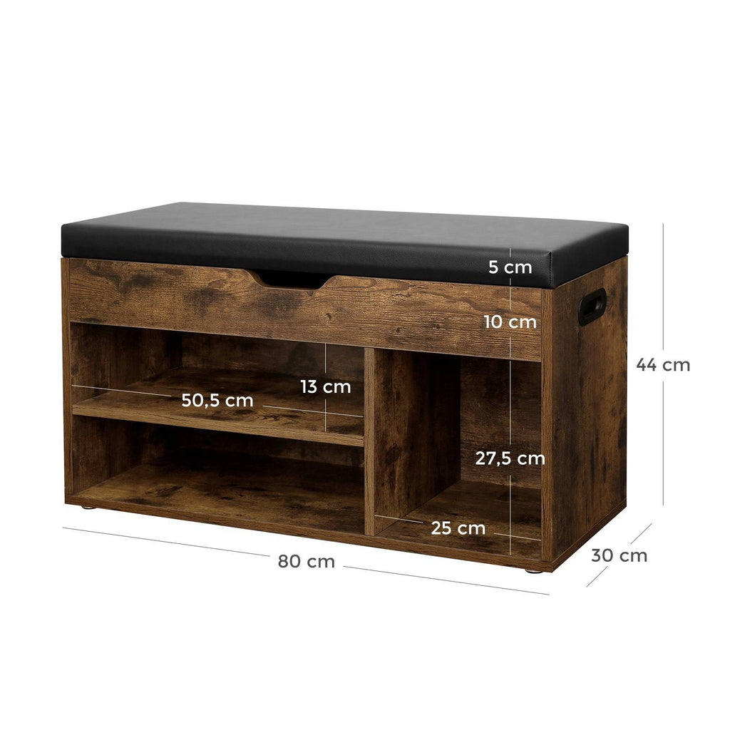 VASAGLE Cipőtároló pad, párnázott ülőfelülettel, rusztikus barna 80x44x30cm – 3. kép