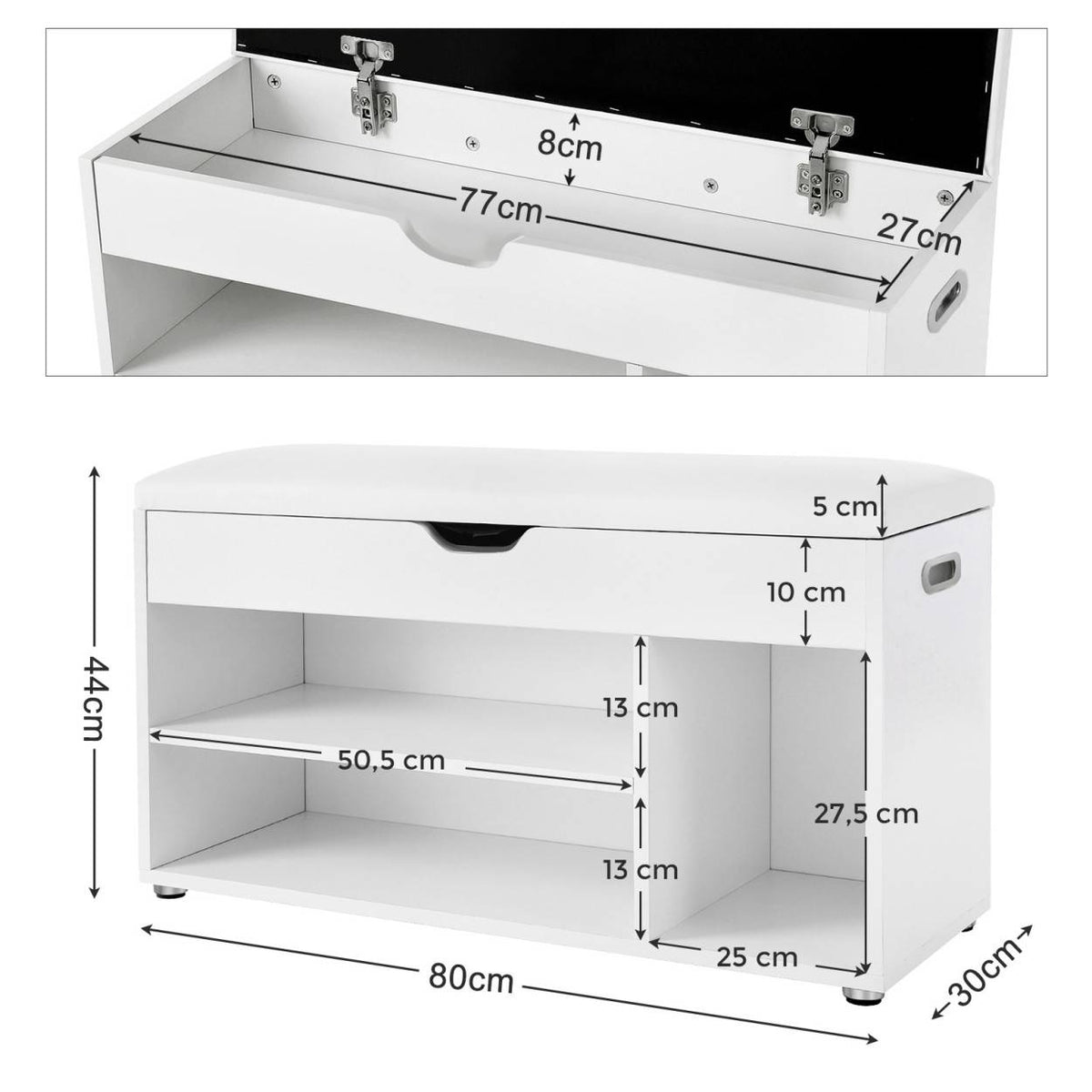 VASAGLE Cipőtároló pad, párnázott ülőfelülettel, fehér 80x44x30cm – 3. kép