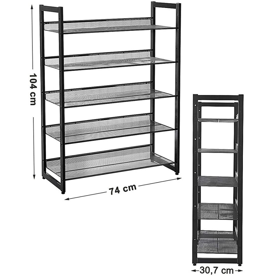 SONGMICS Cipőtartó polc 5 szintes fém háló polcokkal, fekete 74x30x104cm – 3. kép