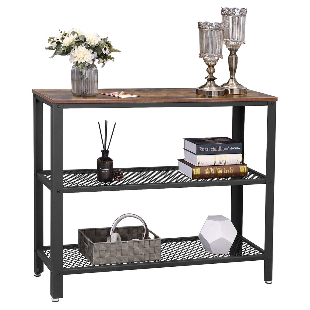 VASAGLE Konzolasztal 2 fém hálós polcccal, rusztikus barna 101x35x80cm – 1. kép
