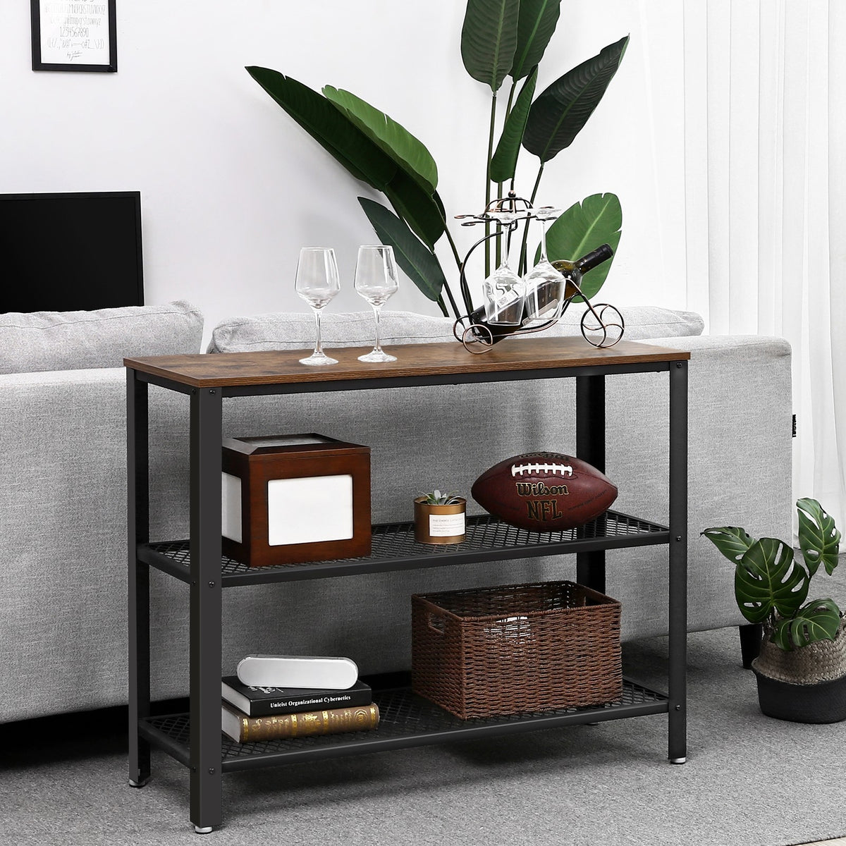 VASAGLE Konzolasztal 2 fém hálós polcccal, rusztikus barna 101x35x80cm – 5. kép