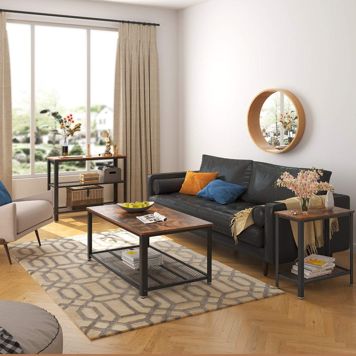VASAGLE Konzolasztal 2 fém hálós polcccal, rusztikus barna 101x35x80cm – 6. kép