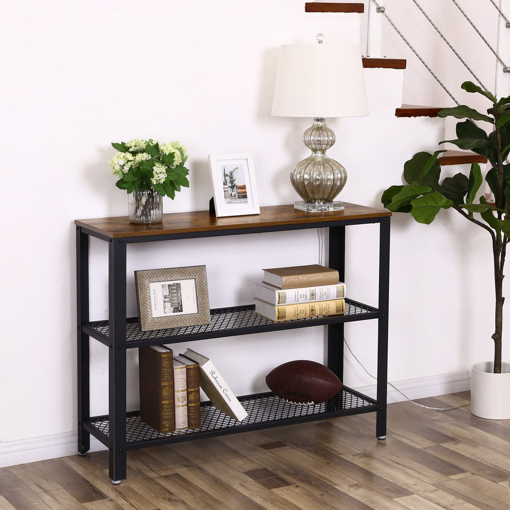 VASAGLE Konzolasztal 2 fém hálós polcccal, rusztikus barna 101x35x80cm – 7. kép