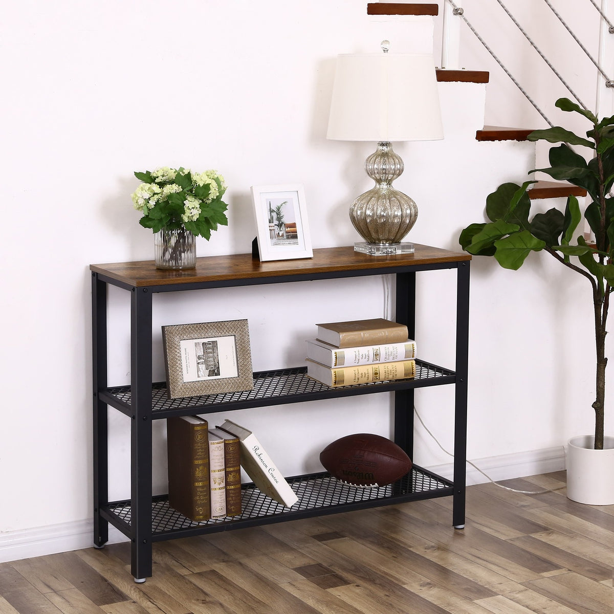 VASAGLE Konzolasztal 2 fém hálós polcccal, rusztikus barna 101x35x80cm – 7. kép