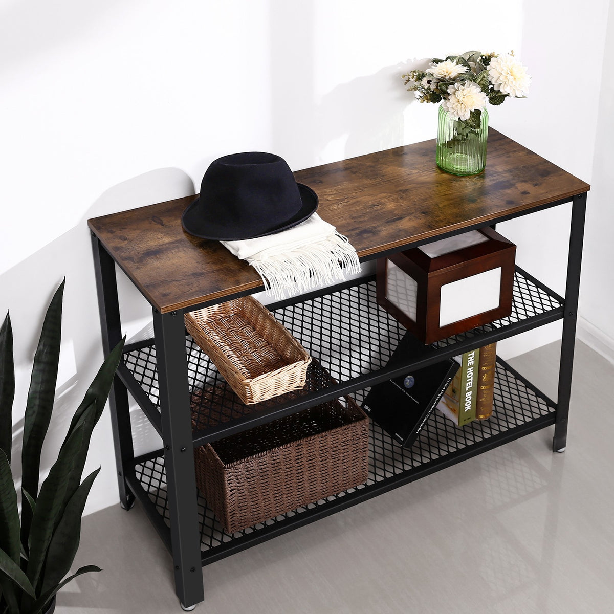 VASAGLE Konzolasztal 2 fém hálós polcccal, rusztikus barna 101x35x80cm – 8. kép