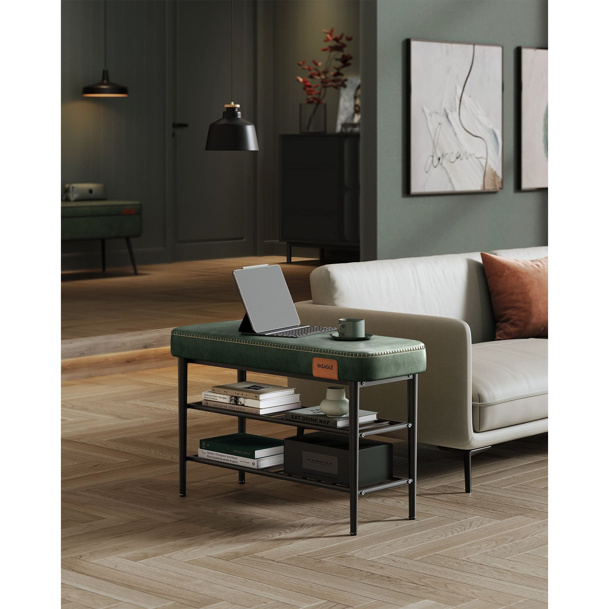 VASAGLE ECHO cipőpad 2 szintes, műbőr borítás, erdőzöld, 30 x 80 x 50 cm – 2. kép