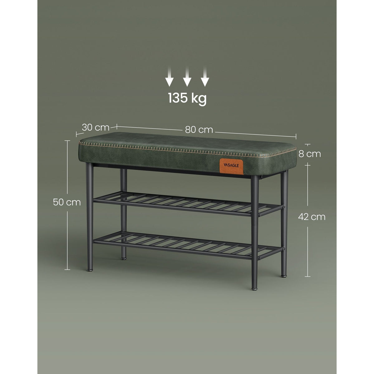 VASAGLE ECHO cipőpad 2 szintes, műbőr borítás, erdőzöld, 30 x 80 x 50 cm – 3. kép