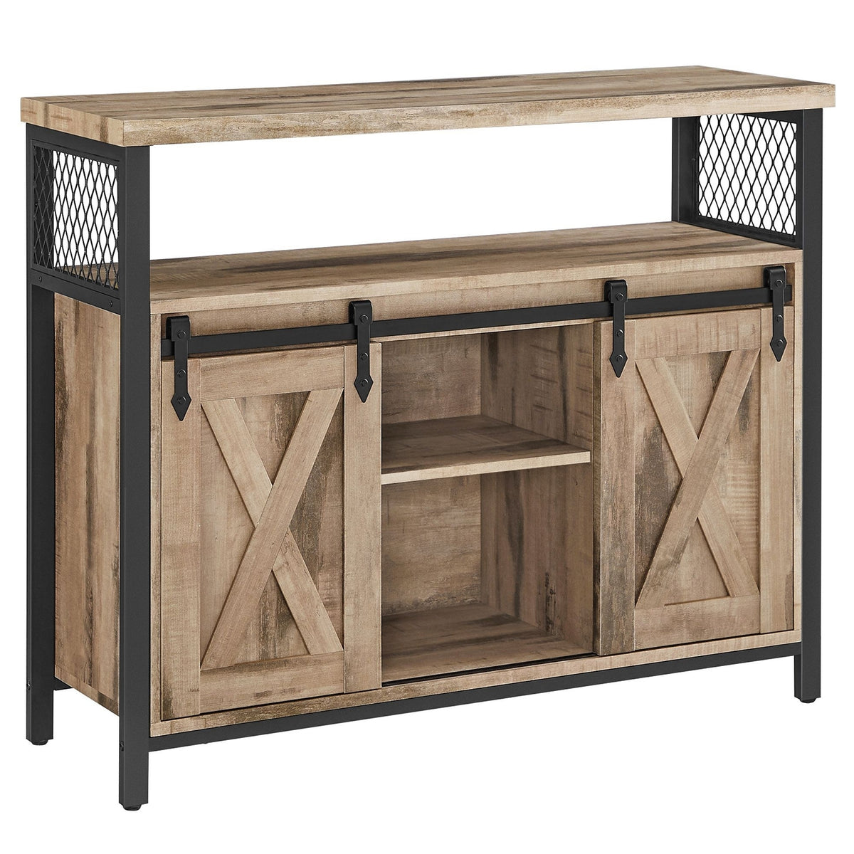 VASAGLE Komód elhúzható ajtókkal és nyitott polcokkal, homokbarna 100x33x80cm – 1. kép