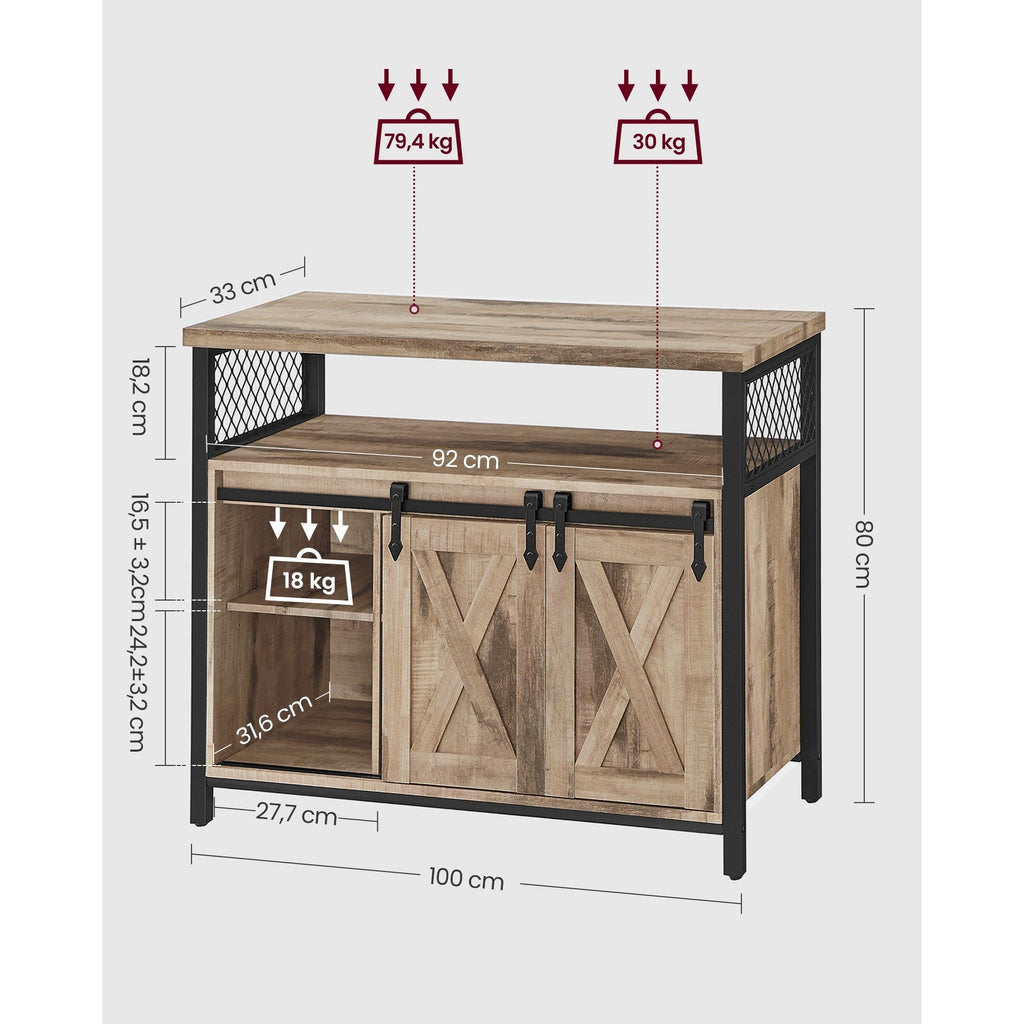 VASAGLE Komód elhúzható ajtókkal és nyitott polcokkal, homokbarna 100x33x80cm – 3. kép