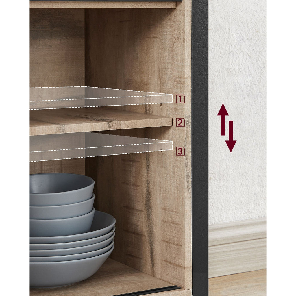 VASAGLE Komód elhúzható ajtókkal és nyitott polcokkal, homokbarna 100x33x80cm – 4. kép