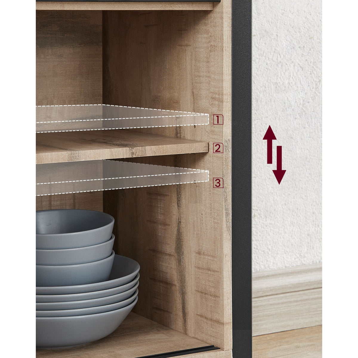 VASAGLE Komód elhúzható ajtókkal és nyitott polcokkal, homokbarna 100x33x80cm – 4. kép