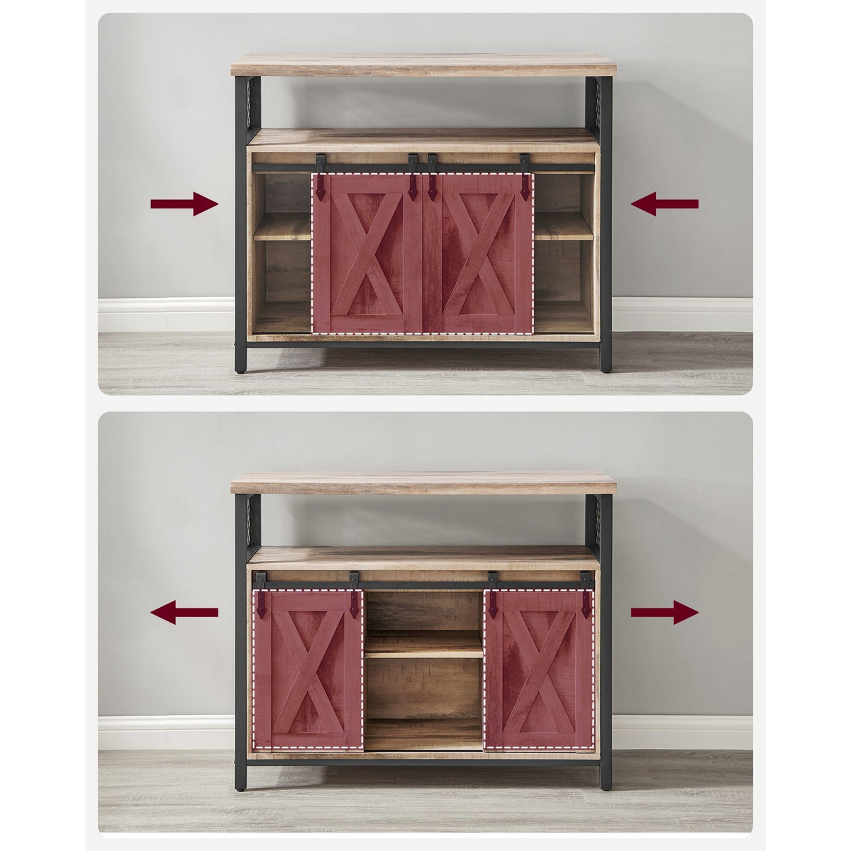 VASAGLE Komód elhúzható ajtókkal és nyitott polcokkal, homokbarna 100x33x80cm – 6. kép