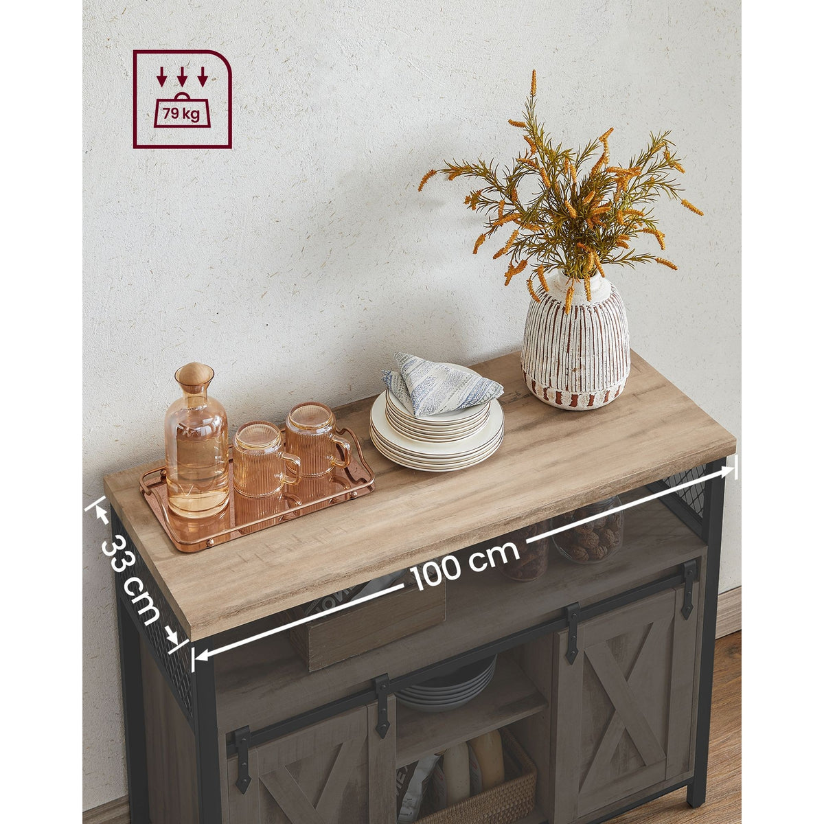 VASAGLE Komód elhúzható ajtókkal és nyitott polcokkal, homokbarna 100x33x80cm – 7. kép