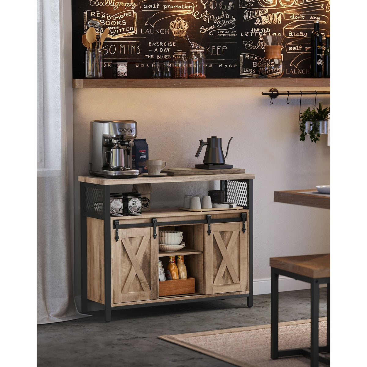 VASAGLE Komód elhúzható ajtókkal és nyitott polcokkal, homokbarna 100x33x80cm – 9. kép