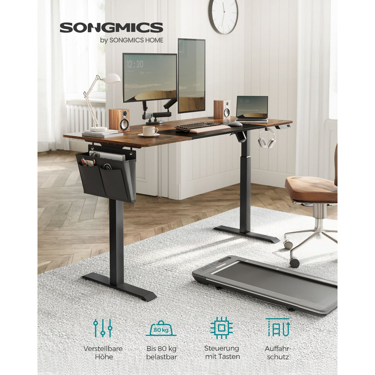 SONGMICS Íróasztal, elektromosan állítható magasság, rusztikus barna és fekete 70 x 160 x (72-120) cm – 2. kép