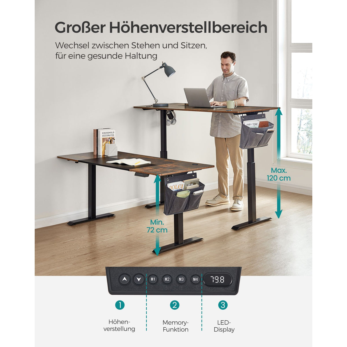 SONGMICS Íróasztal, elektromosan állítható magasság, rusztikus barna és fekete 70 x 160 x (72-120) cm – 4. kép