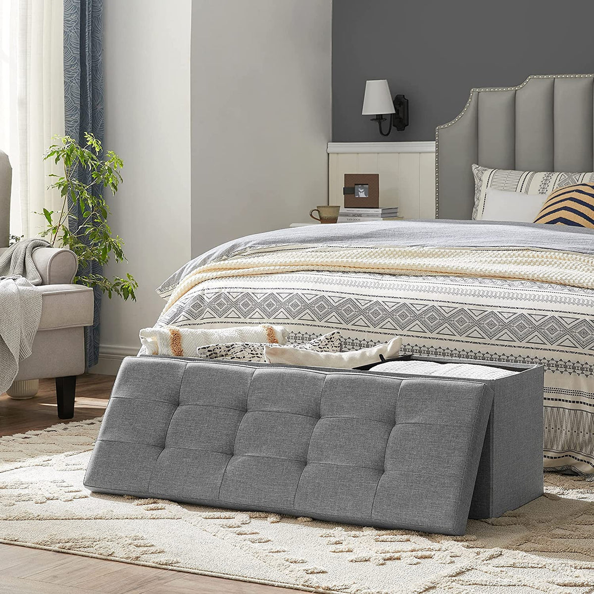 SONGMICS Összecsukható vászon tárolópuff, szürke 110x38x38cm – 9. kép