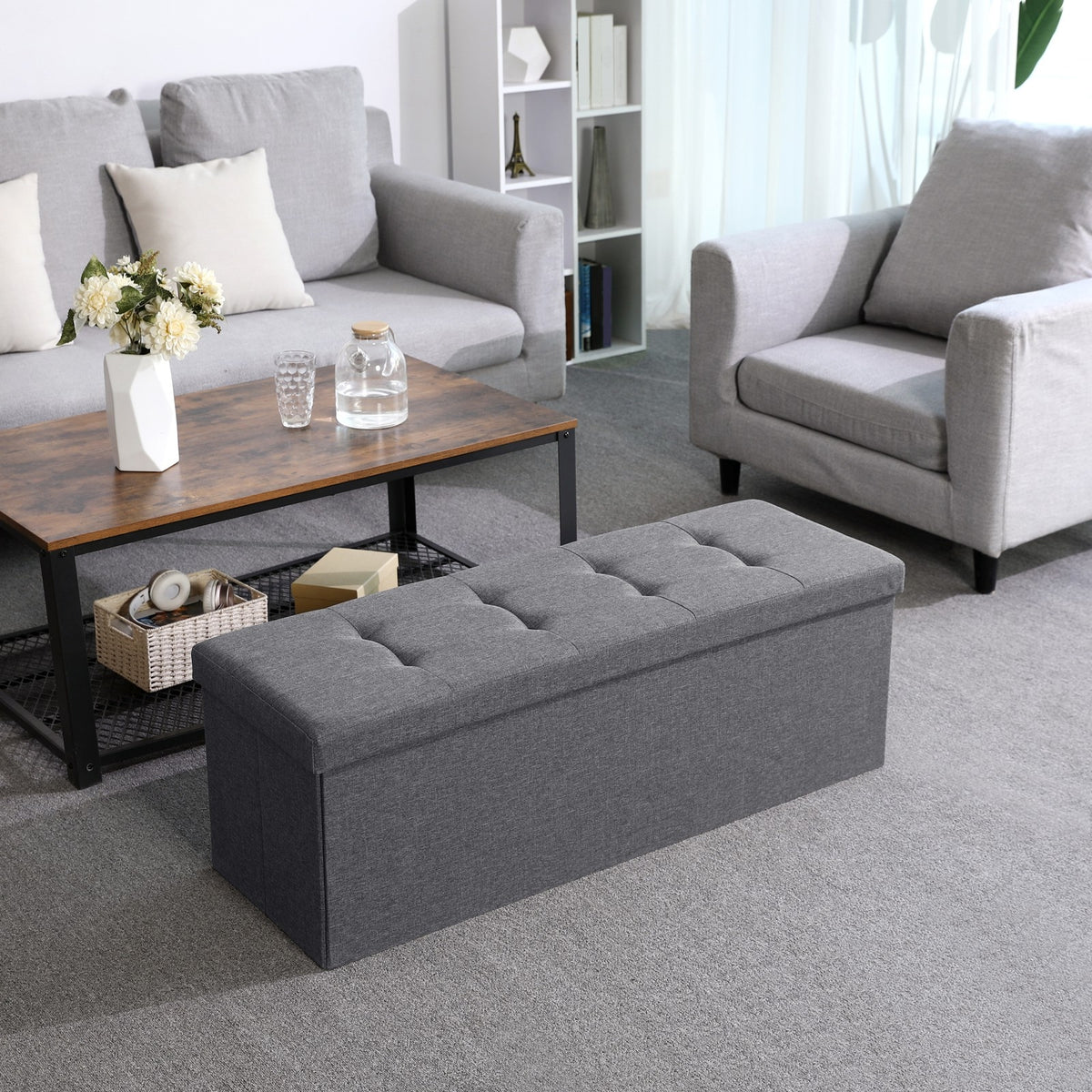 SONGMICS Összecsukható vászon tárolópuff, sötétszürke 110x38x38cm – 8. kép