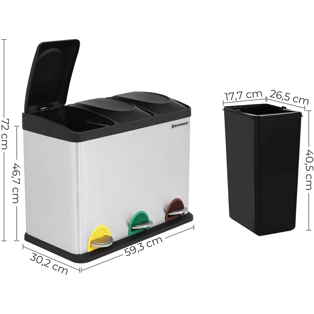 SONGMICS Szelektív szemeteskuka 3x15L, ezüst – 3. kép