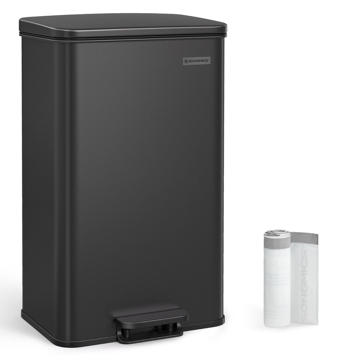 SONGMICS Pedálos szemeteskuka 40L, fekete, 15 szemeteszsákkal – 1. kép