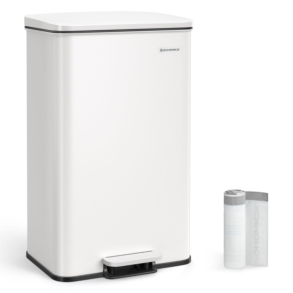 SONGMICS Pedálos szemeteskuka 40L, fehér, 15 szemeteszsákkal – 1. kép