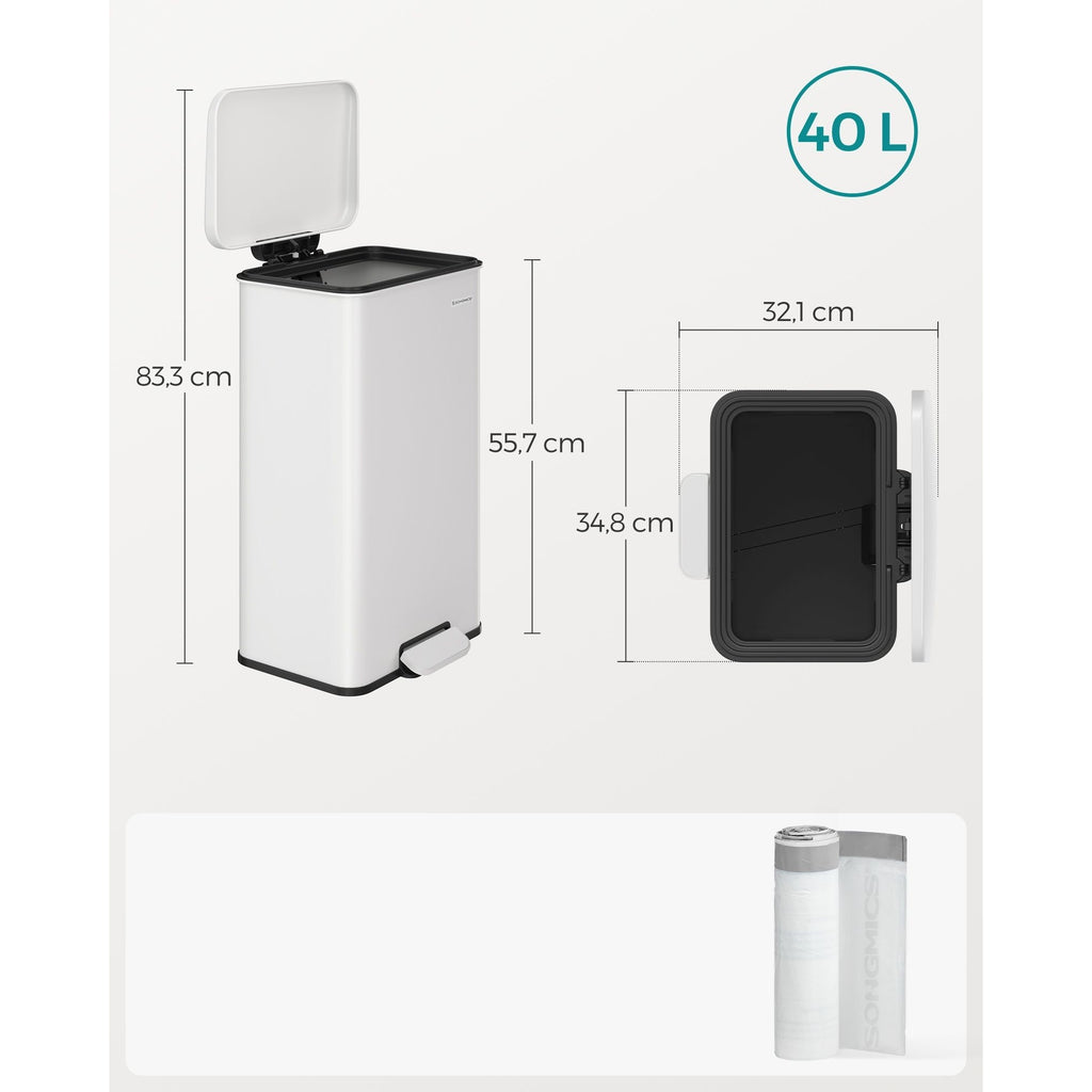 SONGMICS Pedálos szemeteskuka 40L, fehér, 15 szemeteszsákkal – 3. kép