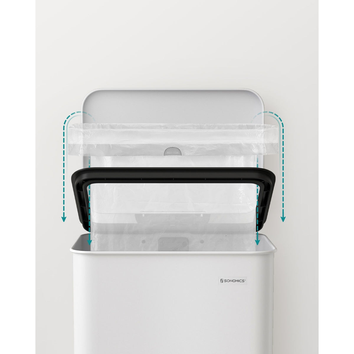 SONGMICS Pedálos szemeteskuka 40L, fehér, 15 szemeteszsákkal – 5. kép