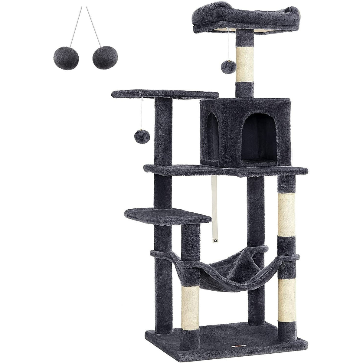 FEANDREA Macska kaparófa, többszintes macskatorony, szürke 55x45x143cm – 1. kép