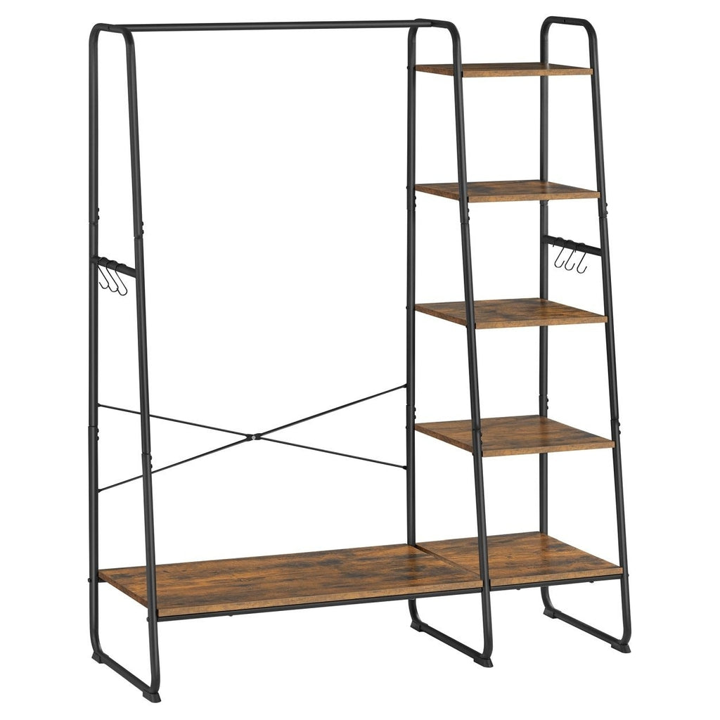 VASAGLE Ruhatároló, ruhaakasztó, 5 szintes polccal, 6 akasztóval, ‎45 x 120 x 160 cm, rusztikus barna – 1. kép
