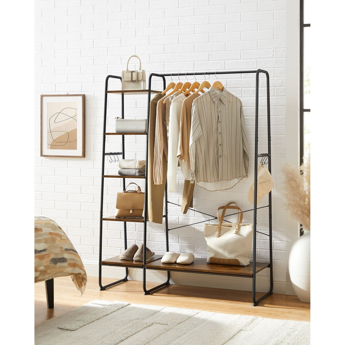 VASAGLE Ruhatároló, ruhaakasztó, 5 szintes polccal, 6 akasztóval, ‎45 x 120 x 160 cm, rusztikus barna – 2. kép