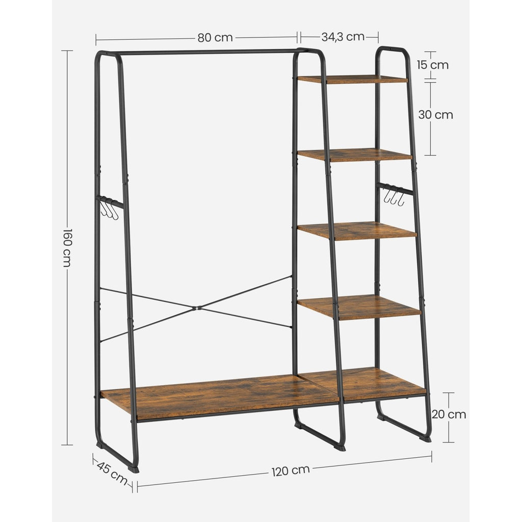 VASAGLE Ruhatároló, ruhaakasztó, 5 szintes polccal, 6 akasztóval, ‎45 x 120 x 160 cm, rusztikus barna – 3. kép