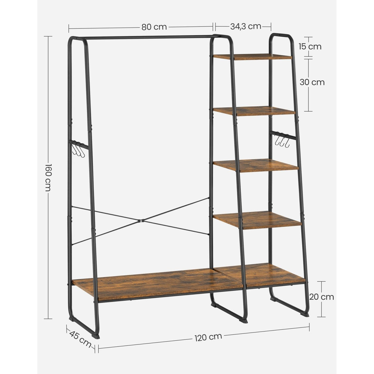 VASAGLE Ruhatároló, ruhaakasztó, 5 szintes polccal, 6 akasztóval, ‎45 x 120 x 160 cm, rusztikus barna – 3. kép