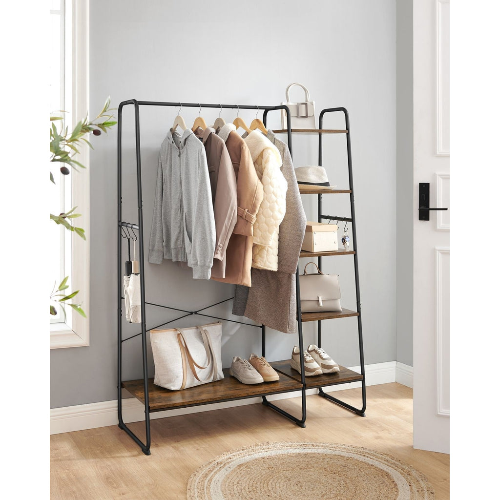 VASAGLE Ruhatároló, ruhaakasztó, 5 szintes polccal, 6 akasztóval, ‎45 x 120 x 160 cm, rusztikus barna – 6. kép
