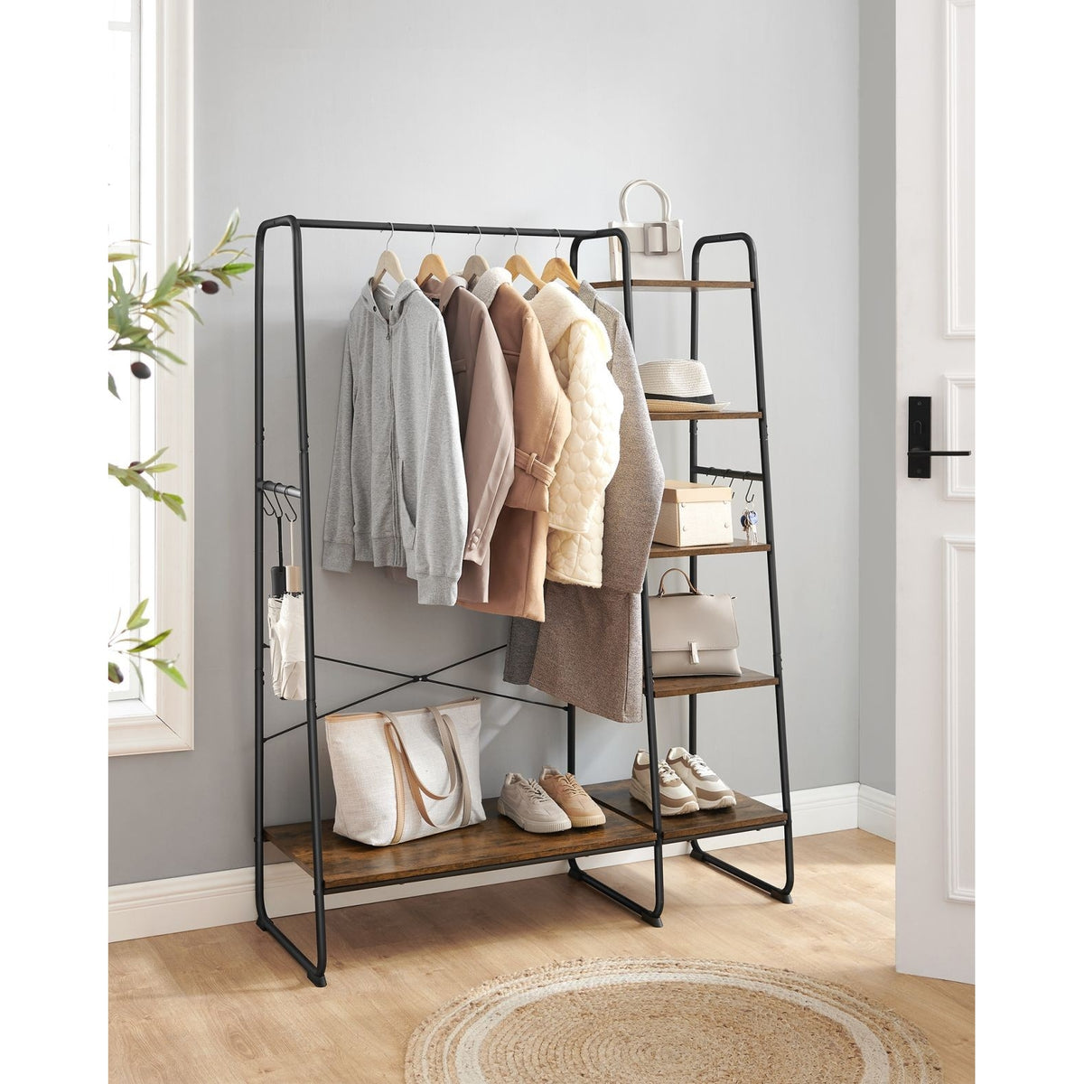 VASAGLE Ruhatároló, ruhaakasztó, 5 szintes polccal, 6 akasztóval, ‎45 x 120 x 160 cm, rusztikus barna – 6. kép