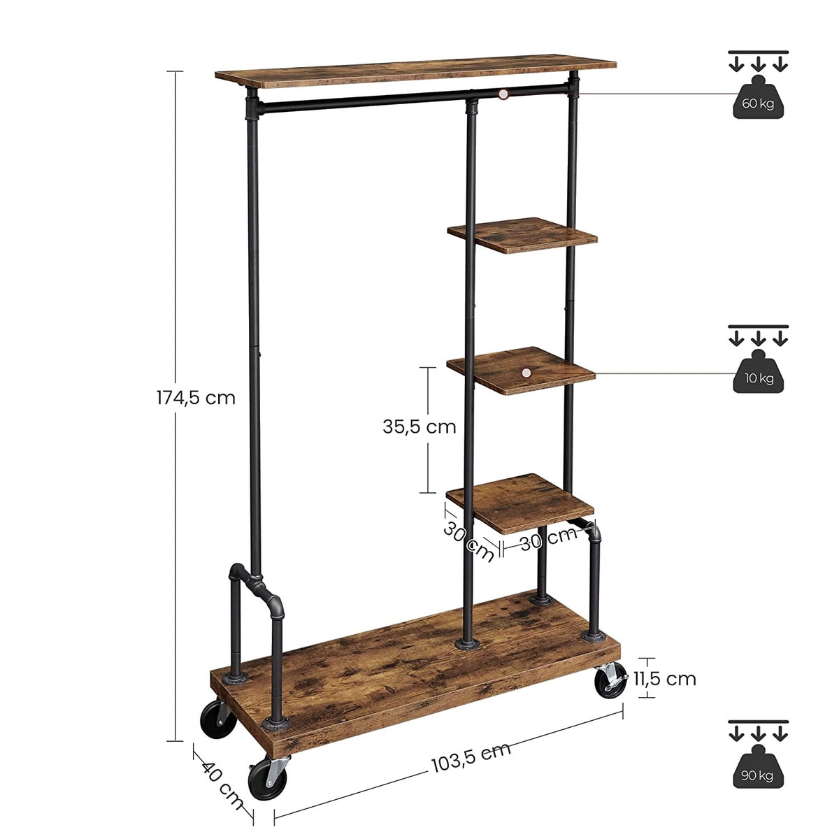 VASAGLE Gurulós ruhaállvány polcokkal, fekete, 103 × 40 × 174 cm – termékkép 3