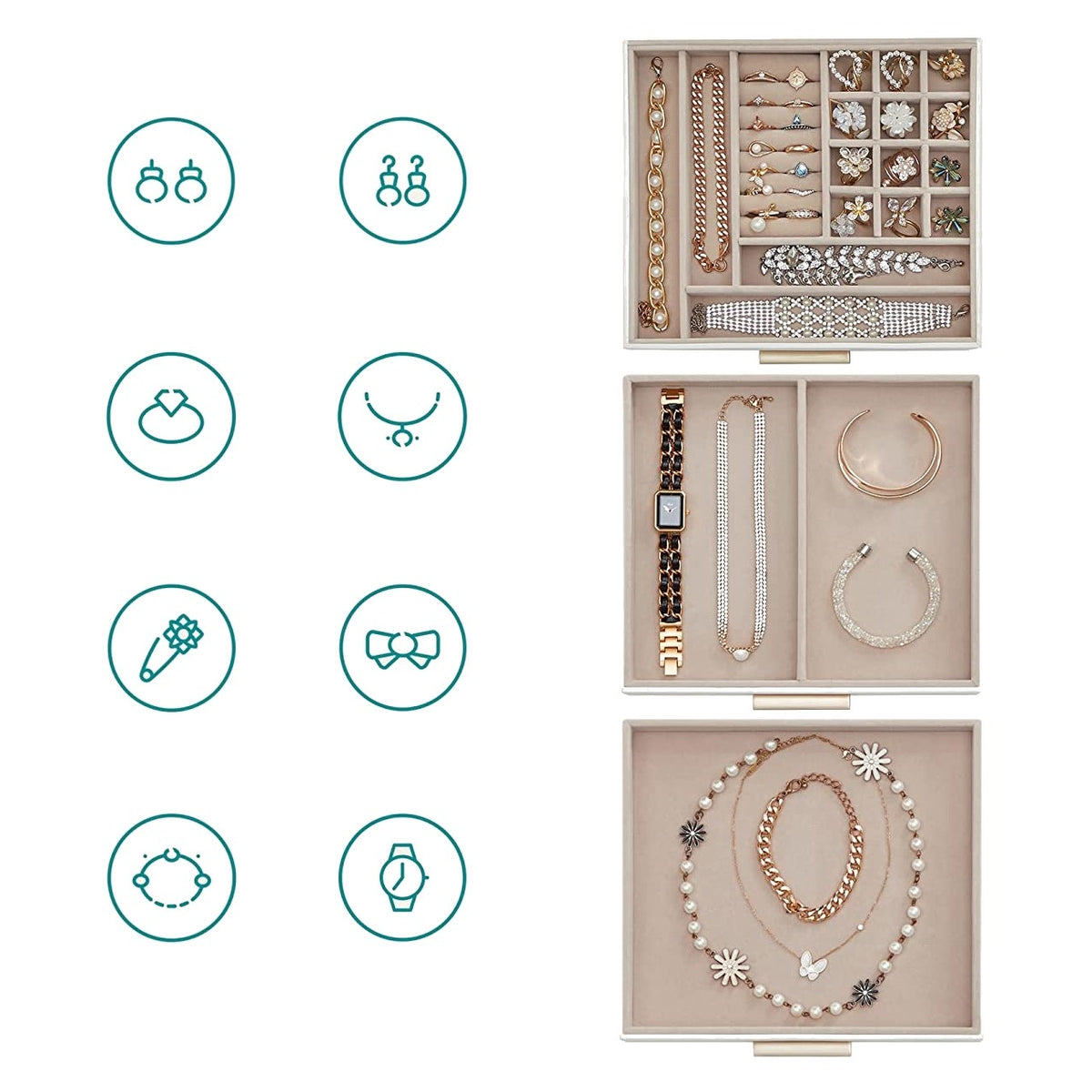 SONGMICS Ékszerdoboz üvegfedéllel és 2 fiókkal, fehér, 23 cm – termékkép 2