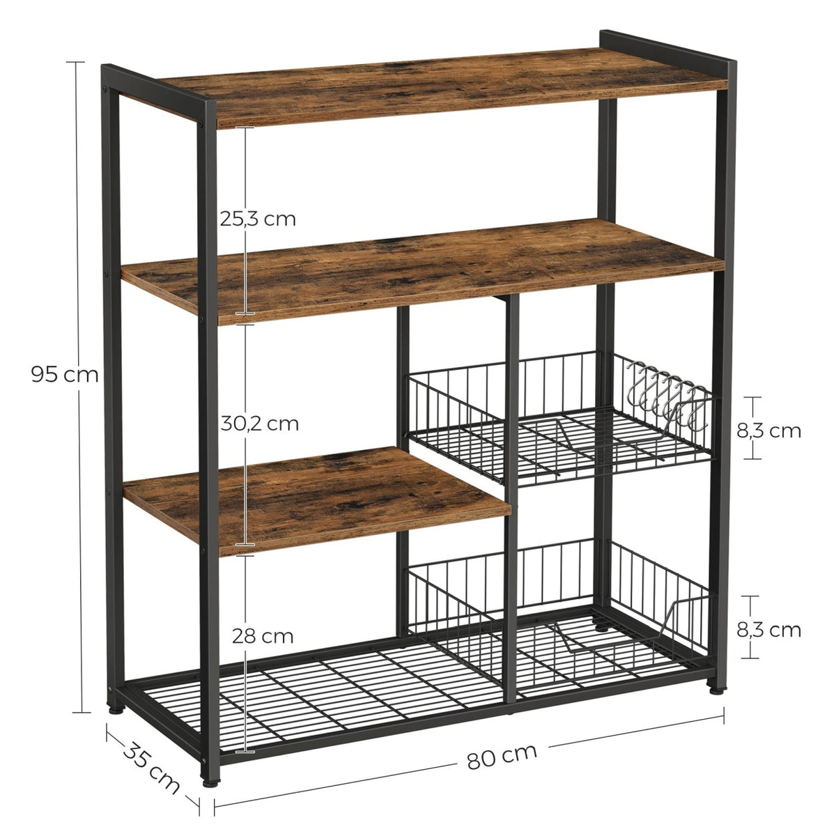 VASAGLE Konyhai állópolc kosarakkal és 6 akasztóval, 80 × 35 × 95 cm – termékkép 3